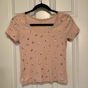 SO Brand Juniors Pink Floral Ribbed Tee